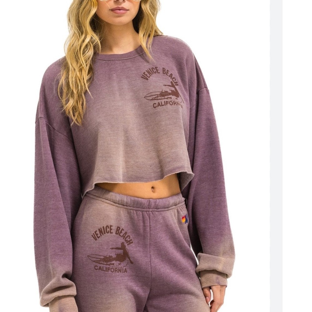 Aviator Nation Venice Surfer Cropped Crew Sweatshirt Faded Mocha Brown Small I09